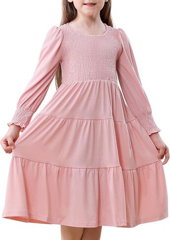 DREAM BUS Toddler Girl Fall Casual Dress Girl Smocked Long Sleeve Midi Dress Little Girl Tiered A Line Party Flowy Dress in Saudi Arabia