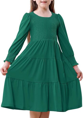 DREAM BUS Toddler Girl Fall Casual Dress Girl Smocked Long Sleeve Midi Dress Little Girl Tiered A Line Party Flowy Dress in Saudi Arabia