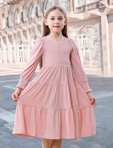 DREAM BUS Toddler Girl Fall Casual Dress Girl Smocked Long Sleeve Midi Dress Little Girl Tiered A Line Party Flowy Dress in Saudi Arabia