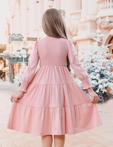 DREAM BUS Toddler Girl Fall Casual Dress Girl Smocked Long Sleeve Midi Dress Little Girl Tiered A Line Party Flowy Dress in Saudi Arabia