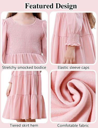 DREAM BUS Toddler Girl Fall Casual Dress Girl Smocked Long Sleeve Midi Dress Little Girl Tiered A Line Party Flowy Dress in Saudi Arabia