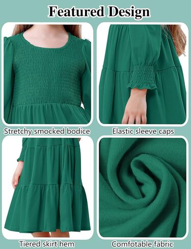 DREAM BUS Toddler Girl Fall Casual Dress Girl Smocked Long Sleeve Midi Dress Little Girl Tiered A Line Party Flowy Dress in Saudi Arabia