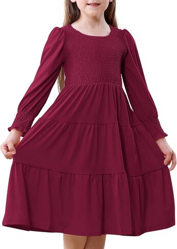 DREAM BUS Toddler Girl Fall Casual Dress Girl Smocked Long Sleeve Midi Dress Little Girl Tiered A Line Party Flowy Dress in Saudi Arabia