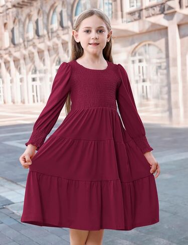 DREAM BUS Toddler Girl Fall Casual Dress Girl Smocked Long Sleeve Midi Dress Little Girl Tiered A Line Party Flowy Dress in Saudi Arabia