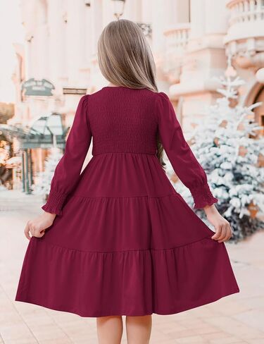 DREAM BUS Toddler Girl Fall Casual Dress Girl Smocked Long Sleeve Midi Dress Little Girl Tiered A Line Party Flowy Dress in Saudi Arabia