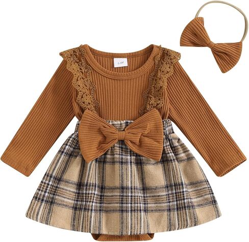 Newborn Baby Girl Outfits Infant Long Sleeve Plaid Print Romper Dress with Headband Set Infant Fall Winter Clothes in Saudi Arabia