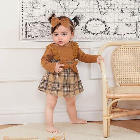 Newborn Baby Girl Outfits Infant Long Sleeve Plaid Print Romper Dress with Headband Set Infant Fall Winter Clothes in Saudi Arabia