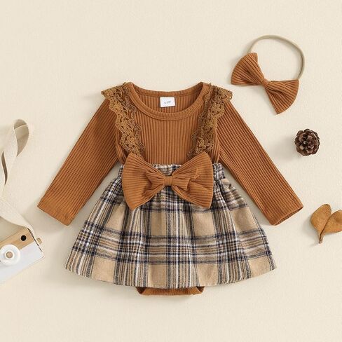 Newborn Baby Girl Outfits Infant Long Sleeve Plaid Print Romper Dress with Headband Set Infant Fall Winter Clothes in Saudi Arabia