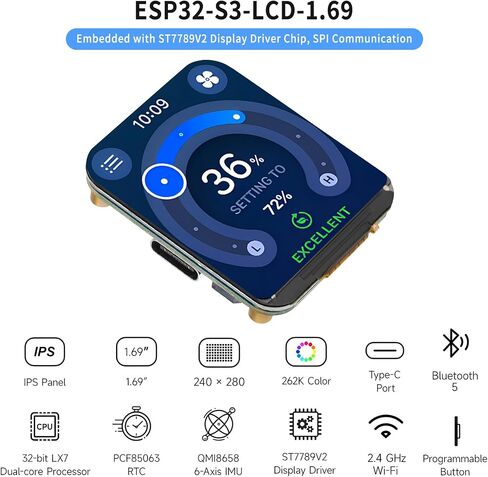 ESP32-S3 1.69" Display Development Board, 240MHz Dual-Core Processor, 240×280 Pixels, Supports WiFi Bluetooth, Micro LCD Display with ESP32-S3 (Without Touch) in Saudi Arabia