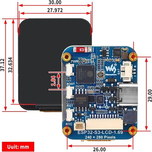 ESP32-S3 1.69" Display Development Board, 240MHz Dual-Core Processor, 240×280 Pixels, Supports WiFi Bluetooth, Micro LCD Display with ESP32-S3 (Without Touch) in Saudi Arabia