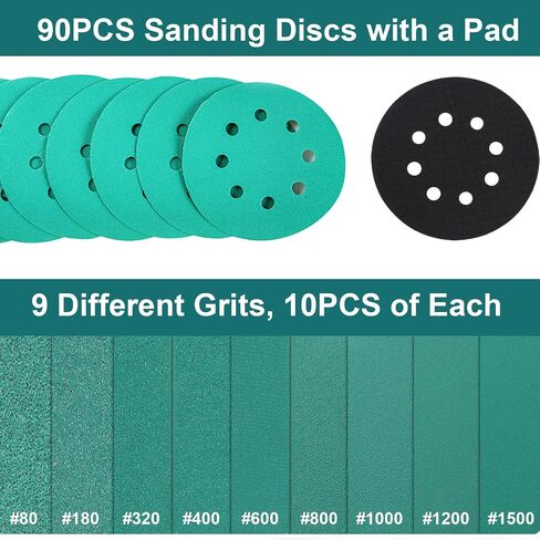 90 PCS Sanding Discs with a Orbital Sander Pad, 5 Inch 8 Hole Hook and Loop Sandpaper, 80 180 320 400 600 800 1000 1200 1500 High Grit Sand Paper Assortments, Fine Grit Sandpaper for Wood Furniture in Saudi Arabia