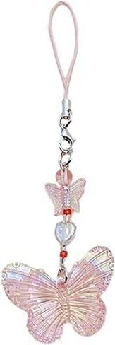 Pink Butterfly Beaded Pendant Phone Charm Hanging Rope Cute Phone Chain Strap Bag Decoration Lanyards Keychain Accessory Cell Phones and Accessories in Saudi Arabia