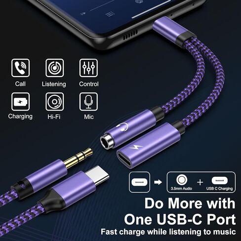 محول سماعة رأس وشاحن USB C إلى 3.5 ملم مع شحن سريع PD 60W لهاتف iPhone 15 Pro Max Plus، وSamsung Galaxy S24 S23 FE Ultra S22 S21 A54 A55، وPixel 8a 8 7 pro 7a، وكابل 2 في 1 من النوع C إلى Aux Jack in Kuwait