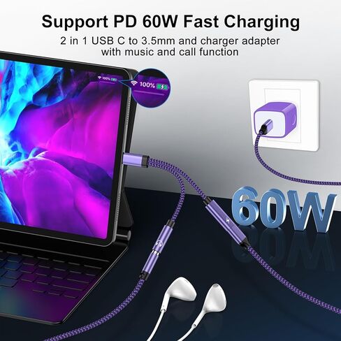 محول سماعة رأس وشاحن USB C إلى 3.5 ملم مع شحن سريع PD 60W لهاتف iPhone 15 Pro Max Plus، وSamsung Galaxy S24 S23 FE Ultra S22 S21 A54 A55، وPixel 8a 8 7 pro 7a، وكابل 2 في 1 من النوع C إلى Aux Jack in Kuwait