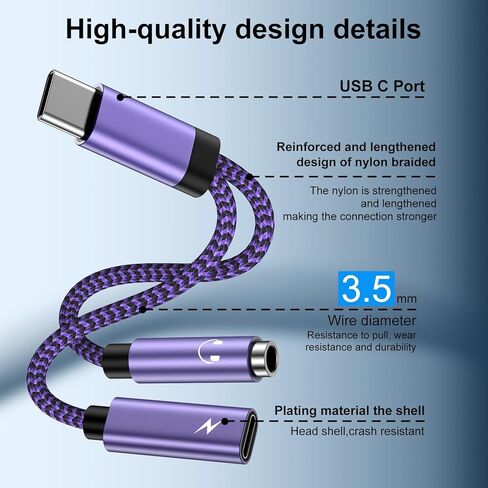 محول سماعة رأس وشاحن USB C إلى 3.5 ملم مع شحن سريع PD 60W لهاتف iPhone 15 Pro Max Plus، وSamsung Galaxy S24 S23 FE Ultra S22 S21 A54 A55، وPixel 8a 8 7 pro 7a، وكابل 2 في 1 من النوع C إلى Aux Jack in Kuwait