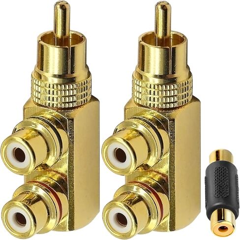 RCA Splitter Adapter, RCA Male to 2 RCA Female Y Splitter for Stereo Audio Phono Cable, 2 PCS Right Angle 90 Degree Gold-Plated Jack Connector for DVD Amplifier Speaker Car Stereo in Saudi Arabia