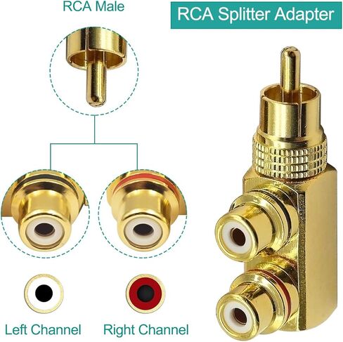 RCA Splitter Adapter, RCA Male to 2 RCA Female Y Splitter for Stereo Audio Phono Cable, 2 PCS Right Angle 90 Degree Gold-Plated Jack Connector for DVD Amplifier Speaker Car Stereo in Saudi Arabia