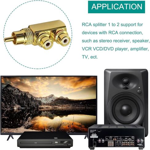RCA Splitter Adapter, RCA Male to 2 RCA Female Y Splitter for Stereo Audio Phono Cable, 2 PCS Right Angle 90 Degree Gold-Plated Jack Connector for DVD Amplifier Speaker Car Stereo in Saudi Arabia