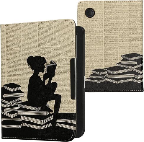 حافظة kwmobile متوافقة مع Kobo Clara BW/حافظة ملونة - غطاء من البولي يوريثان مع حزام - فتاة وكتب أسود/بيج in Saudi Arabia