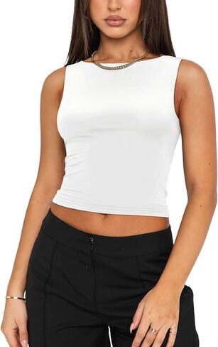 REORIA Women's Sexy Open Back High Neck Sleeveless Tank Top Y2k Trendy Backless Crop Tops in Saudi Arabia