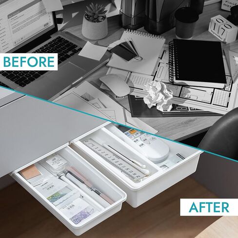 BIOPONEXT ذاتي اللصق تحت درج المكتب - 3 عبوات من أدراج التخزين تحت المكتب - درج قابل للفصل تحت منظم المكتب للمكتب والفصول الدراسية ومكتب المنزل - أدراج مخفية تحت المكتب (أبيض) in Kuwait