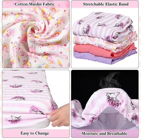 Preboun 4 Pieces Muslin Crib Sheets for Boys Girl, Fitted Baby Toddler Bed Sheets 28'' x 52'', Neutral Muslin Cotton Crib Mattress Sheet, Soft and Breathable Comfort Baby Sheets (Unicorn) in Saudi Arabia