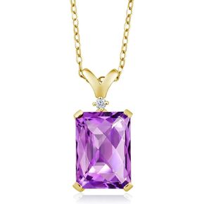 Gem Stone King 18K Yellow Gold Plated Silver Purple Amethyst and White Diamond Pendant Necklace For Women (7.22 Cttw, Octagon Checkerboard, Gemstone Birthstone, with 18 Inch Chain)