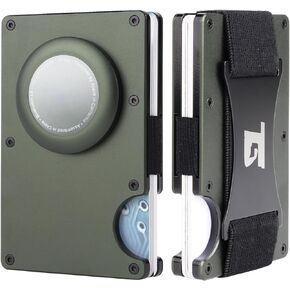 Mens metal wallet wallet with Airtag holder RFID Blocking Minimalist wallet (Army Green W/Strap)