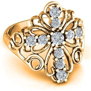 Savlano 18K Yellow Gold Plated Round Cut Cubic Zirconia Filigree Cross Ring Women's Girl's Religious Ring