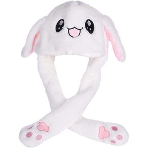 CNHNGTS Funny Plush Bunny Moving/Jumping Rabbit Cute Unisex Animal Ear Flap Hat with Paws for Women Girls, White, One Size