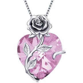 OCJ Rose Flower Heart Birthstone Necklace Gifts for Women, 925 Sterling Silver Birthstone Pendant Necklace Jewelry Birthday Mothers Day Gifts for Women Wife Girls Her Lady Girlfriend Mom