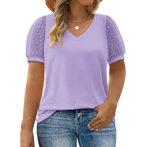 VISLILY Women's Plus-Size-Summer-Tops V Neck T Shirts Swiss Dotted Puffy Sheer Short Sleeve Blouses Tunics in Kuwait