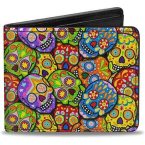 Buckle-Down Men's PU Bifold Wallet Calaveras Stacked Multi Color, Multicolor, 4.0" x 3.5"