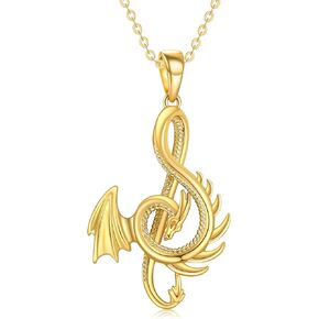 14k Solid Gold Dragon Necklace Dragon Music Notes Pendant Charm Jewelry for Women Girls Daughter Girfriends