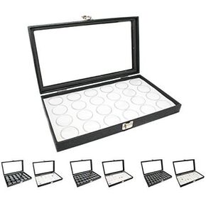 Novel Box Large Glass Top Black Leatherette Jewelry Display Case + 24 Count Jar Insert Tray in White + Custom NB Pouch