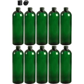 16 Ounce Cosmo Round Bottles, PET Plastic Empty Refillable BPA-Free, with Black Press Down Disc Caps (Pack of 10) (Black)