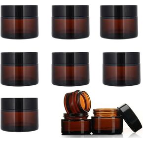 8 pack Amber Glass Jar Container Cosmetic Cream Lotion Bottle Hand Cream Travel Home Container Storage with Inner Liners and black Lids (1oz/8 pack)