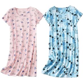 DWPEXLET Women 1/2Pack Nightgowns Short Sleeve Cotton Crew Neck Above Knee Nightdress Cute Prints