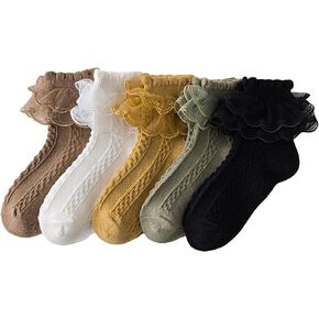 Verdusa Women's 5 Pairs Ruffle Trim Frilly Crew Socks Casual Socks