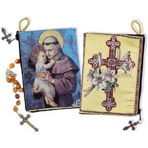 Saint Anthony Child Jesus Cross and Lilies Cloth Rosary Icon Pouch Case Zipper 5 3/8 Inch