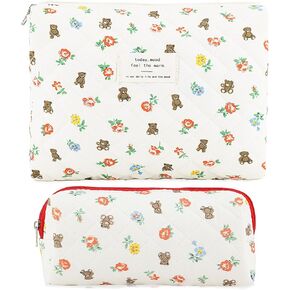 2Pcs Quilted Cotton Makeup Bag Large Travel Makeup Pouch Small Brush Holder Set for Women Floral Coquette Makeup Bag Cute Aesthetic Cosmetic Bag Blue Toiletry Organizer Storage Bag Big Zipper Pouch