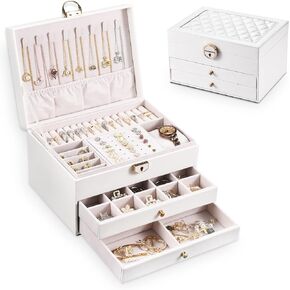 Jewelry Boxes For Women with Lock-3 Layer Large Leather Jewelry Organizer Box - Jewelry Box for Rings Earrings Necklaces Watch and More (White)