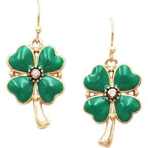 Rosemarie & Jubalee Women's Lucky 4 Leaf Clover Shamrock St Patrick's Day Enamel Dangle Earrings, 1.25"