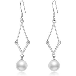 925 Sterling Silver Pearl Dangle Earrings AAA+ Freshwater Cultured Round White Pearl Fish Hook Dangling Drop Jewelry for Women