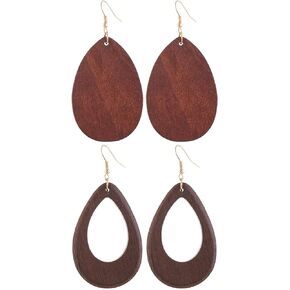 2 Pairs Bohemian Lightweight Wooden Tree of Life Dangle Earrings Handmade Teardrop Round Wood Earrings for Women