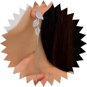 Bohemian Crystal Leaf Jacket Earrings Gold Cz Leaf Tassel Drop Earrings Rhinestone Leaf Snake Chain Dangle Earrings Long Leaf Sleek Chain Earrings Jewelry for Women and Girls Gifts
