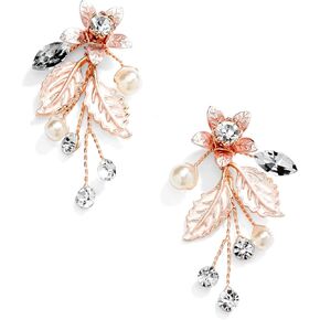 Mariell Bridal and Wedding Rose Gold Handmade Dangle Earrings with Clear Crystal Gems and Ivory Pearls