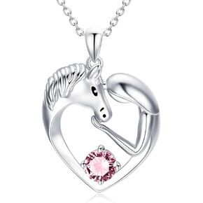 AOBOCO Horse Necklace Sterling Silver Love Heart Necklace with Birthstone Crystals, Horse Jewelry Gifts for Women Her Daughter
