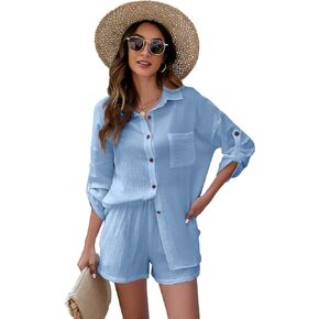 Kissonic 2 Piece Outfits for Women, Lounge Sets Pajama Sets Long Sleeve Button Down Oversized Shirts and Shorts with Pockets