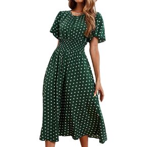Verdusa Women's Polka Dots Print Short Sleeve Shirred A Line Flared Midi Dress